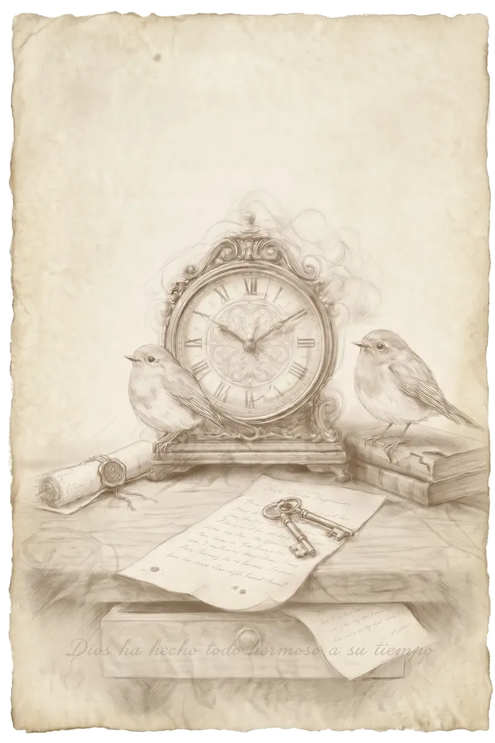 Ilustración «Hermoso a su tiempo»: un reloj antiguo entre dos aves, dibujado a lápiz
